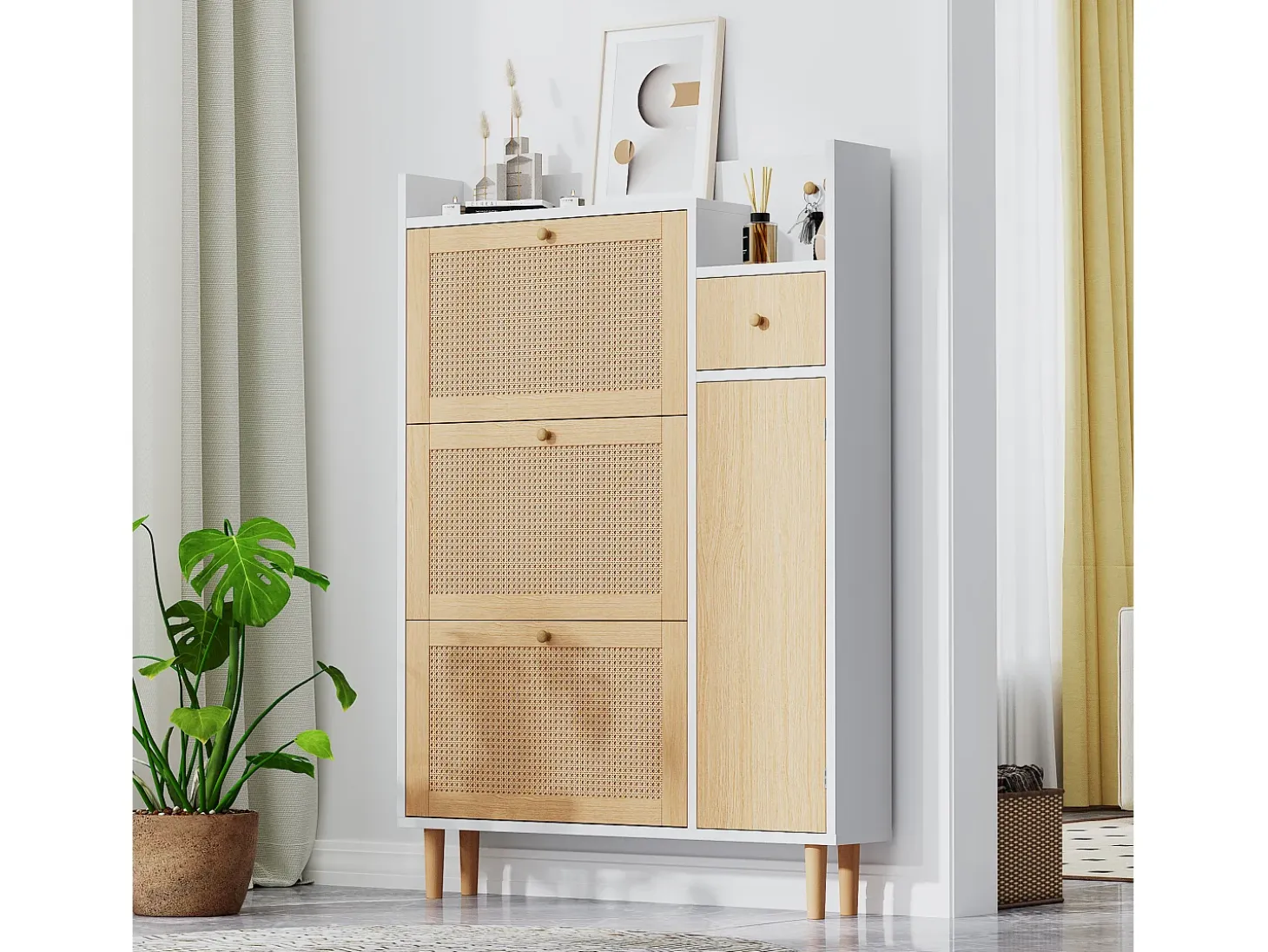 Zapatero de madera y ratán, 3 puertas y 1 cajón, 90x17x125 cm, color natural + blanco