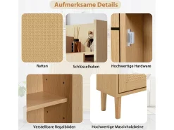 Zapatero de MDF con puertas de ratán, 3 puertas basculantes y 1 cajón, patas y tiradores de madera, color natural (90x17x125 cm)
