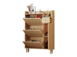 Zapatero de MDF con puertas de ratán, 3 puertas basculantes y 1 cajón, patas y tiradores de madera, color natural (90x17x125 cm)
