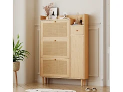 Zapatero de MDF con puertas de ratán, 3 puertas basculantes y 1 cajón, patas y tiradores de madera, color natural (90x17x125 cm)