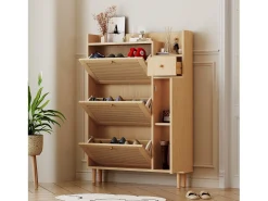Zapatero de ratán con 4 puertas y 1 cajón, patas y tiradores de madera