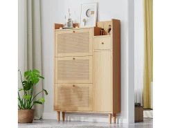 Zapatero de ratán con 4 puertas y 1 cajón, patas y tiradores de madera