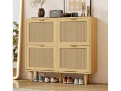 Zapatero de ratán natural, 4 cajones, diseño de madera, con 2 puertas y estantes regulables (100x25x90 cm)