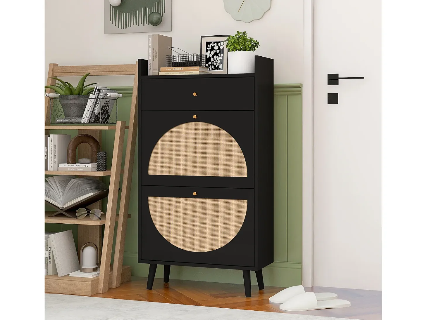 Zapatero de ratán negro - 2 puertas y 1 cajón
