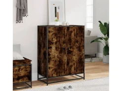 Zapatero de roble ahumado fabricado con madera de ingeniería y metal.
