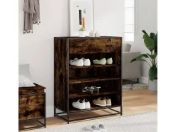 Zapatero de roble ahumado fabricado con madera de ingeniería y metal.