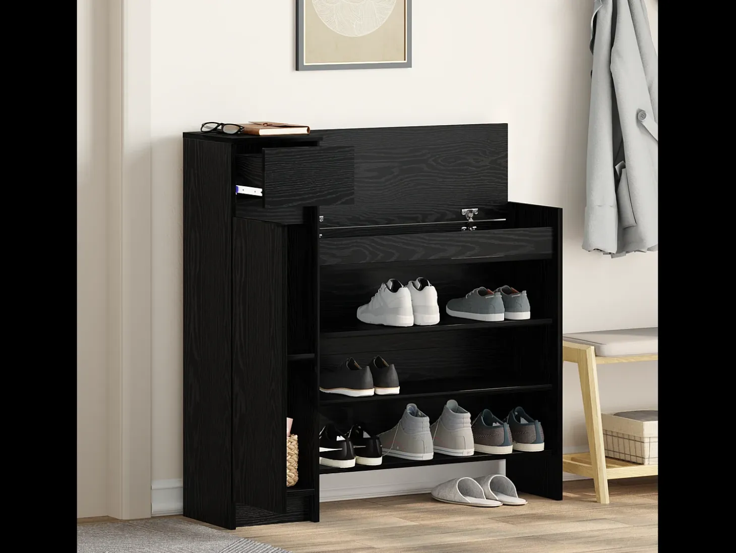 Zapatero de Roble Negro 100,5x28x100 cm en madera MDF