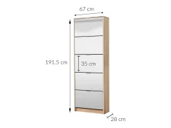 Zapatero Espacioso de 5 Puertas en Acabado Roble Sonoma Y Frentes Con Espejo decorativo | Capacidad para 15 Pares | 67x28x191,5 cm