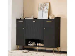 Zapatero, estantería con 2 cajones, 4 puertas y patas de metal, diseño moderno, color negro (130x37x100 cm)