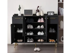 Zapatero, estantería con 2 cajones, 4 puertas y patas de metal, diseño moderno, color negro (130x37x100 cm)