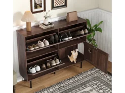 Zapatero estrecho con 3 puertas, espacio para juguetes de mascotas, estantes regulables, MDF, color nogal natural (120x28x92 cm)