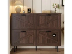 Zapatero estrecho con 3 puertas, espacio para juguetes de mascotas, estantes regulables, MDF, color nogal natural (120x28x92 cm)