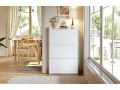 Zapatero estrecho de 3 compartimentos - 76 x 23 x 118 cm - para recibidor y salón - tablero de partículas - blanco