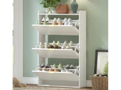 Zapatero estrecho de 3 compartimentos - 76 x 23 x 118 cm - para recibidor y salón - tablero de partículas - blanco