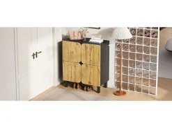 Zapatero moderno - 80 x 38,5 x 95 cm - con 4 puertas + estantes regulables - patas de hierro - MDF - natural + negro