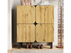 Zapatero moderno - 80 x 38,5 x 95 cm - con 4 puertas + estantes regulables - patas de hierro - MDF - natural + negro
