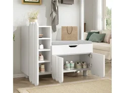 Zapatero moderno - 90 x 35 x 74,5 cm - con 3 puertas + 1 cajón + cojín de asiento - MDF - blanco