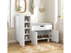 Zapatero moderno - 90 x 35 x 74,5 cm - con 3 puertas + 1 cajón + cojín de asiento - MDF - blanco