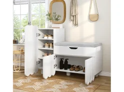 Zapatero moderno - 90 x 35 x 74,5 cm - con 3 puertas + 1 cajón + cojín de asiento - MDF - blanco