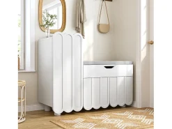 Zapatero moderno - 90 x 35 x 74,5 cm - con 3 puertas + 1 cajón + cojín de asiento - MDF - blanco