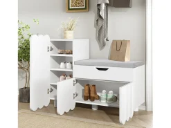 Zapatero moderno - 90 x 35 x 74,5 cm - con 3 puertas + 1 cajón + cojín de asiento - MDF - blanco