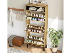 Zapatero moderno - 63 x 24 x 147 cm - con 3 puertas + compartimentos adicionales - MDF - natural