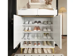 Zapatero moderno blanco con LED y 2 cajones, diseño e iluminación para pasillo