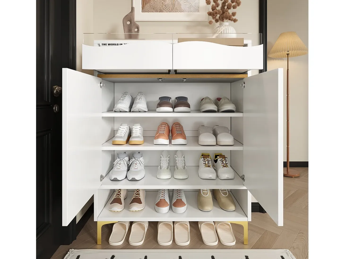 Zapatero moderno blanco con LED y 2 cajones, diseño e iluminación para pasillo