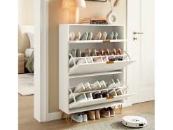Zapatero moderno blanco con 3 cajones de madera, tiradores dorados, pequeños estriados.