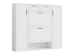 Zapatero moderno con 2 cajones, 3 puertas, 2 baldas regulables y tiradores dorados, blanco (120x24x107 cm)
