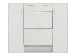 Zapatero moderno con 2 cajones, 3 puertas, 2 baldas regulables y tiradores dorados, blanco (120x24x107 cm)