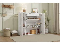 Zapatero moderno con 2 cajones, 3 puertas, 2 baldas regulables y tiradores dorados, blanco (120x24x107 cm)