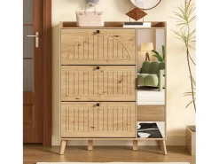 Zapatero moderno con espejo y puertas abatibles + estante - 110 x 24 x 137,5 cm - MDF - natural