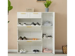 Zapatero moderno con estantes regulables, tiradores dorados, cajones y puertas, blanco (95x24x107,5 cm)