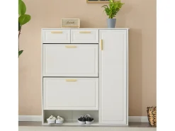 Zapatero moderno con estantes regulables, tiradores dorados, cajones y puertas, blanco (95x24x107,5 cm)