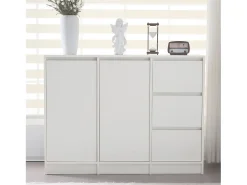 Zapatero moderno con gran espacio de almacenaje, 2 puertas y 3 cajones, balda regulable, blanco (120x35x90 cm)
