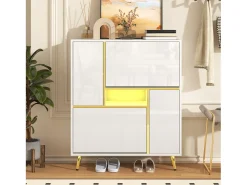 Zapatero moderno con iluminación LED de 16 colores, diseño lacado, MDF, blanco (80x25x96 cm)