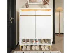 Zapatero moderno con LED de 16 colores, almacenaje y 2 cajones, madera MDF, blanco (80x35x105 cm)