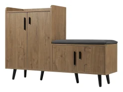 Zapatero moderno, madera natural, con 4 puertas de almacenaje, tiradores metálicos asimétricos, (120x34x82 cm)