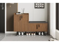 Zapatero moderno, madera natural, con 4 puertas de almacenaje, tiradores metálicos asimétricos, (120x34x82 cm)