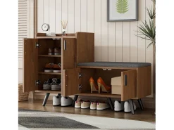 Zapatero moderno, madera natural, con 4 puertas de almacenaje, tiradores metálicos asimétricos, (120x34x82 cm)