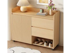 Zapatero móvil, con estantes regulables, cajones y ruedas, MDF, natural (110x35x86 cm)