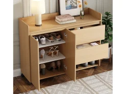 Zapatero móvil, con estantes regulables, cajones y ruedas, MDF, natural (110x35x86 cm)