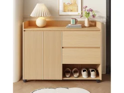 Zapatero móvil, con estantes regulables, cajones y ruedas, MDF, natural (110x35x86 cm)