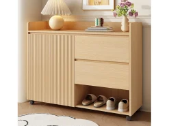 Zapatero móvil, con estantes regulables, cajones y ruedas, MDF, natural (110x35x86 cm)