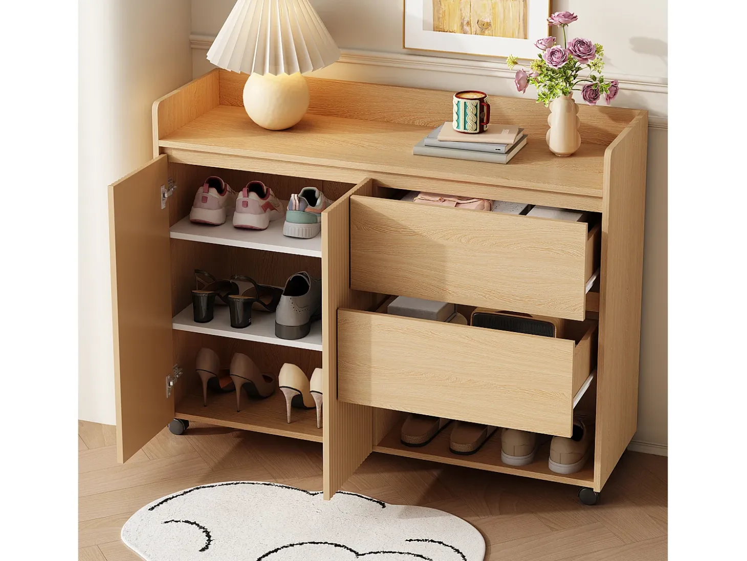 Zapatero móvil en color natural con ruedas, 2 puertas y 2 cajones de almacenamiento
