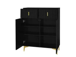 Zapatero negro con cajones, puertas texturizadas, estantes ajustables, tiradores y patas dorados, diseño elegante