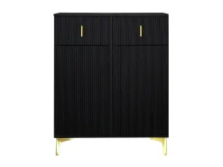 Zapatero negro con cajones, puertas texturizadas, estantes ajustables, tiradores y patas dorados, diseño elegante