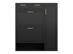 Zapatero negro con estantes, cajones y puertas ajustables, con tiradores dorados - para la entrada