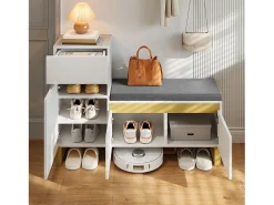 Zapatero para entrada - 120 x 35 x 85 cm - con 2 puertas + 1 cajón + banco - MDF - blanco
